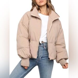 Khaki Tan Puffer Coat Warm Quilted Zip Up Jacket NEW